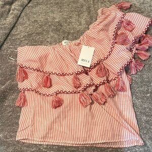 Miss Los Angeles NWT red & white striped one shoulder top; size M